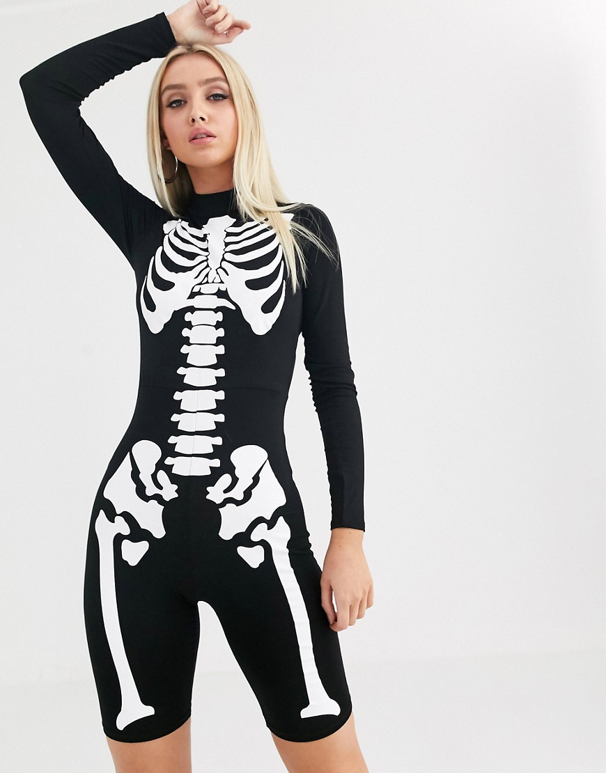 PrettyLittleThing - Tuta aderente nera con stampa di scheletro per Halloween-Nero