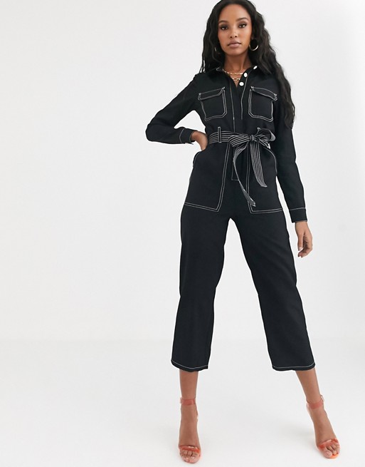PrettyLittleThing utility culotte jumpsuit with contrast stitching in black