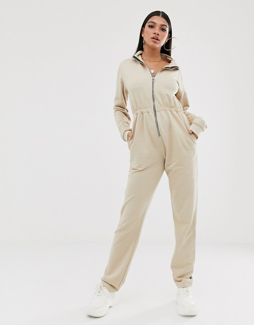 PrettyLittleThing utility sweat jumpsuit in stone