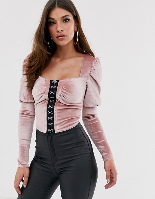 PrettyLittleThing velvet crop top with puff sleeves and hook and eye detail in pink