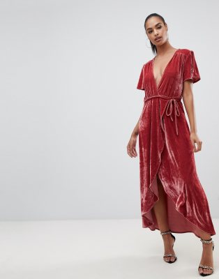 velvet wrap midi dress