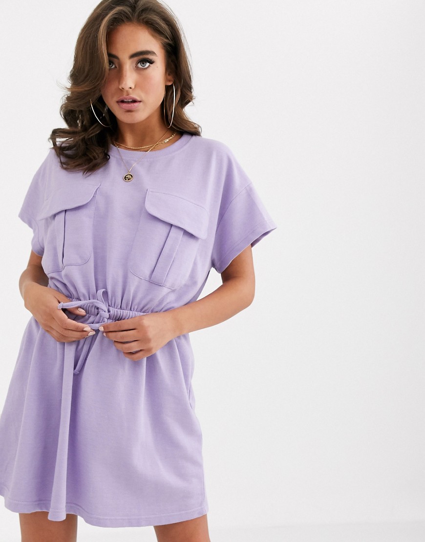 PrettyLittleThing - Vestito maglia lilla allacciato in vita con tasca sul davanti-Viola