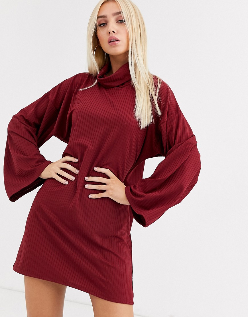 PrettyLittleThing - Vestito maglia oversize accollato bordeaux-Rosso
