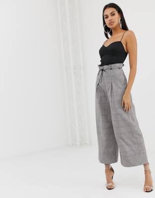 PrettyLittleThing wide leg belted trousers in grey check