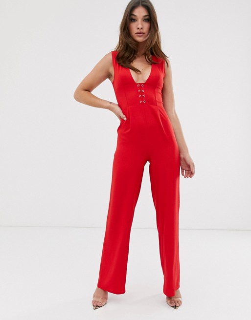 PrettyLittleThing wide leg jumpsuit with corset detail in red