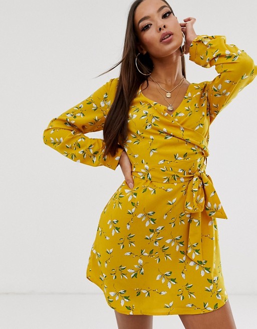 PrettyLittleThing wrap dress with tie waist in yellow ditsy floral