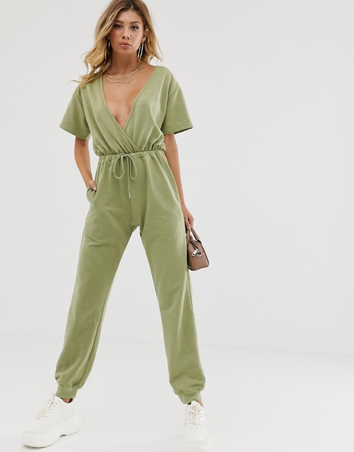 PrettyLittleThing wrap front jumpsuit in sage green
