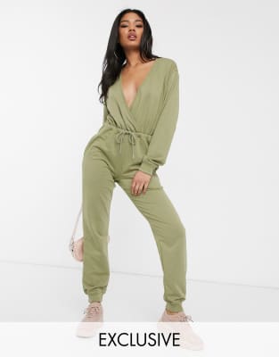 wrap front jumpsuit with long sleeves