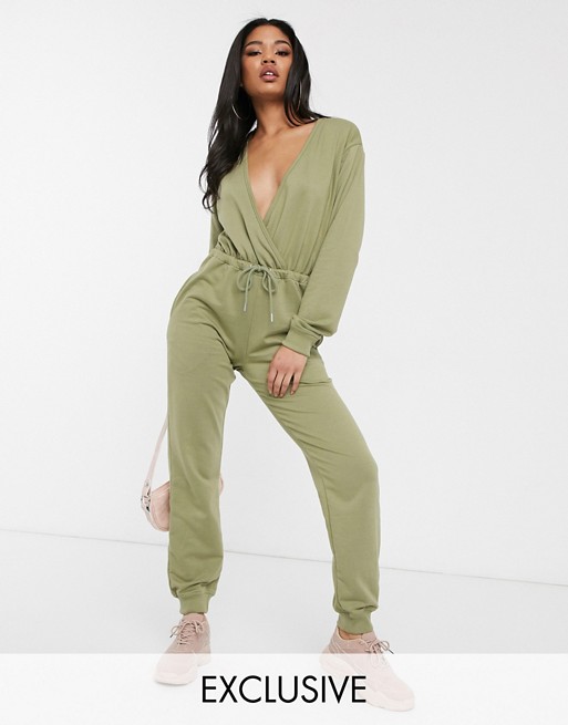 PrettyLittleThing wrap front jumpsuit with long sleeves in sage
