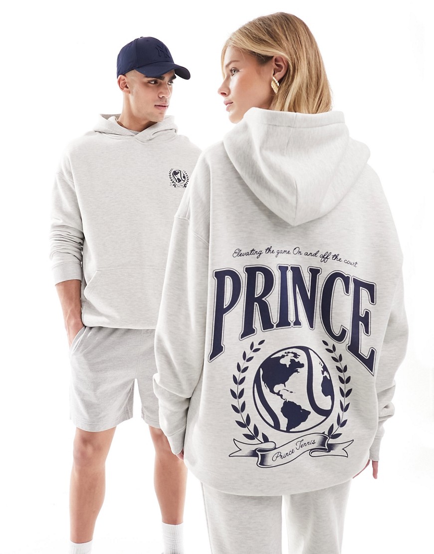 Prince co-ord unisex varsity print hoodie in grey marl
