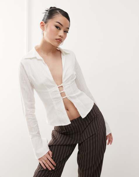 Princess Polly 90s textured stripe flare sleeve plunge collared shirt in white - view 1