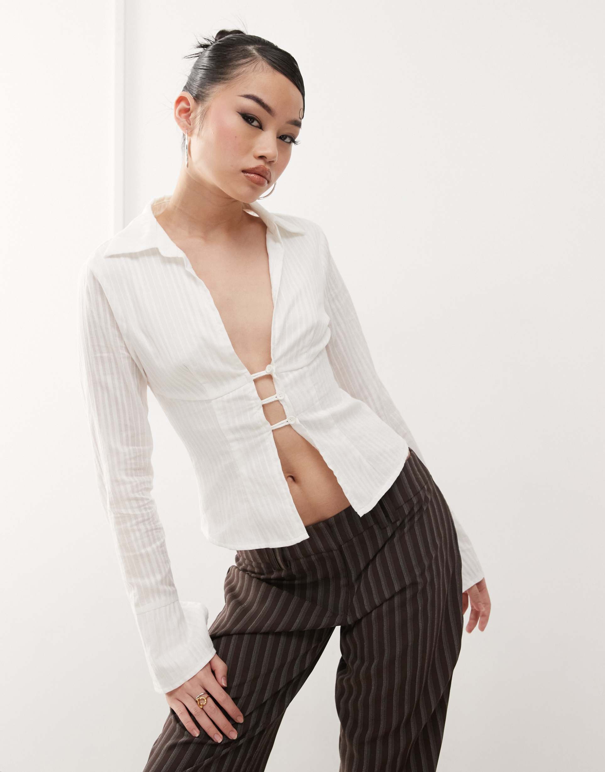 princess polly 90s textured stripe flare sleeve plunge collared shirt in white