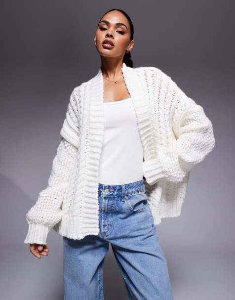 Princess Polly Abner cable knit detail balloon sleeve oversized cardigan in cream - view 1