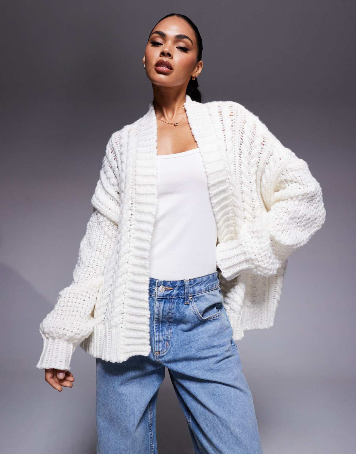 Princess Polly Abner cable knit detail balloon sleeve oversized cardigan in cream