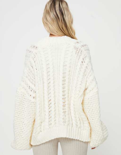 Princess Polly Abner cable knit oversized balloon sleeve cardigan in cream, 2 of 4