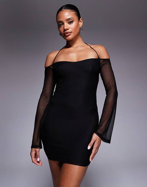 black bodycon dress mesh Long Sleeve Asymmetric Bust Detail Panel Mini In | EGO US Bodycon silhouette continues across the waist Elegant Black Sexy Mesh High-Neck