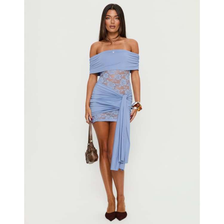 dusty blue frill hem lace bodycon dress PrettyLittleThing Dusty Blue Frill Hem Lace Bodycon