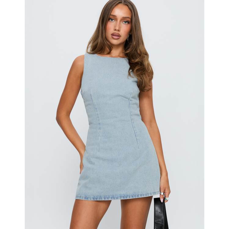 white christmas dresses Say Goodnight Denim Halter Mini Dress Mid Wash main image 1