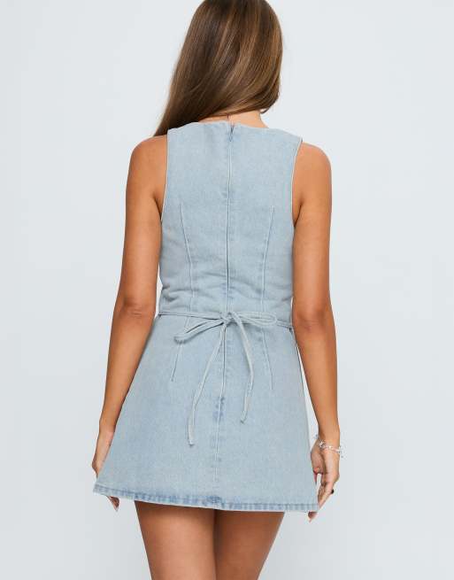 Princess Polly - Ainsleigh - Robe courte en denim de coton majoritaire avec liens dans le dos - Bleu clair, 3 de 4