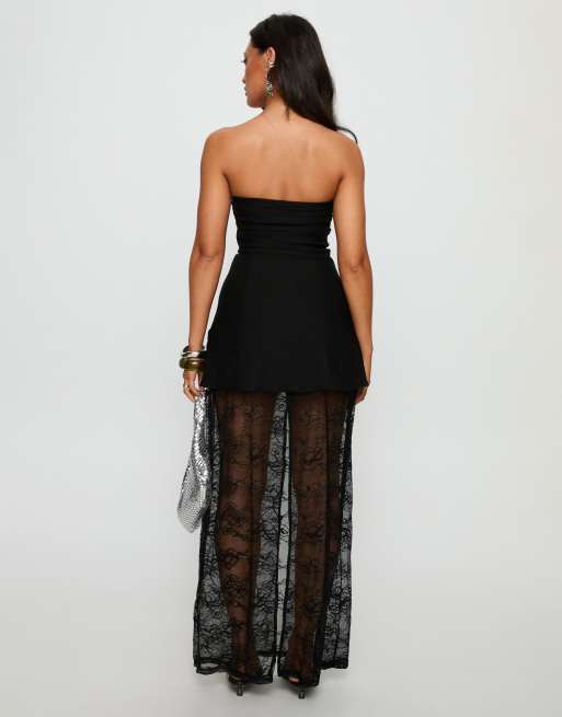 Princess Polly Aleda structured bandeau lace sheer hem maxi dress in black, 3 of 4