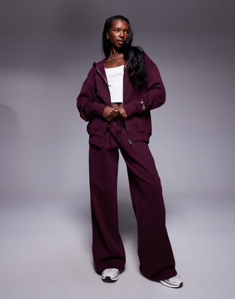 Princess Polly - All Day - Co-ord set van katoen van hoodie met ritssluiting en sweatpants met rechte pijpen in bordeauxrood - view 1