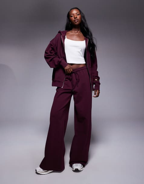 Princess Polly All Day cotton drawstring waist wide leg sweatpants co-ord in burgundy - view 1