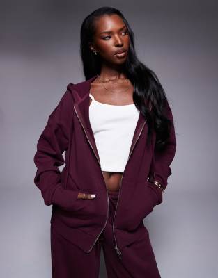 Princess Polly Princess Polly All Day cotton zip through hoodie co-ord in burgundy-Red