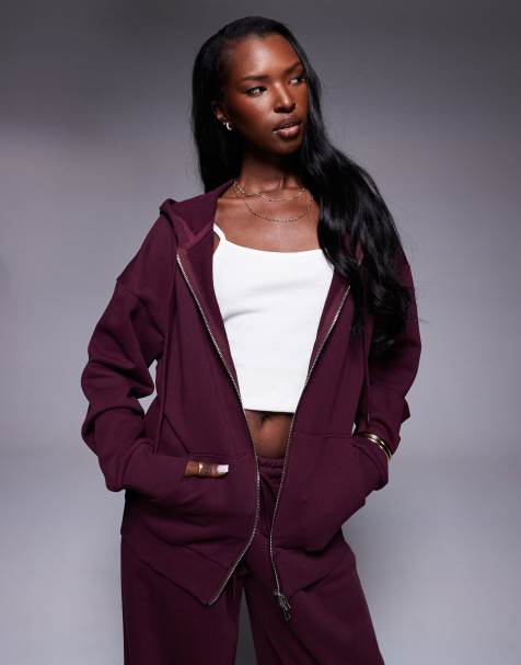 Princess Polly All Day cotton zip through hoodie in burgundy (part of a set) - view 1