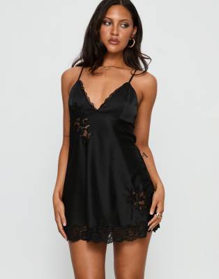 Princess Polly Aloura Satin Spliced Lace Detailing Cami Mini Dress In Black