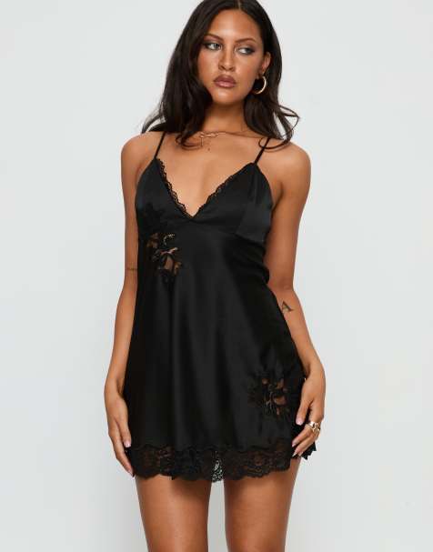Princess Polly - Aloura - Sort cami-minikjole i satin med splejsede blondedetaljer - view 1