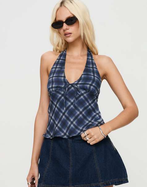 Princess Polly Amalthea halterneck tie front detail top in dark blue plaid - view 1