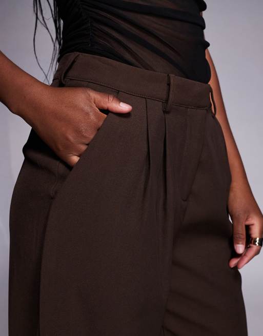 Princess Polly Ambient high waisted pleat front tailored trousers in chocolate, 2 of 5