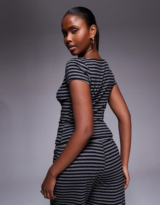 Princess Polly Angellina boat neck button through short sleeve top co-ord in grey stripe, 3 of 4