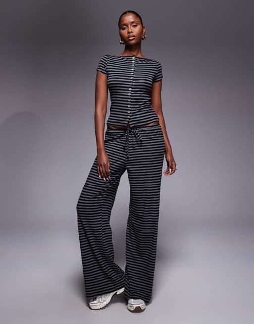 Princess Polly Angellina boat neck button through short sleeve top co-ord in grey stripe, 4 of 4