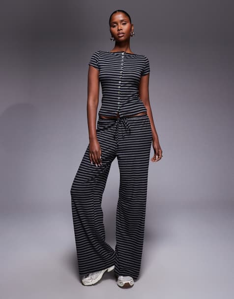 Princess Polly Angellina boat neck button up short sleeve top and pants set in gray stripes - view 1