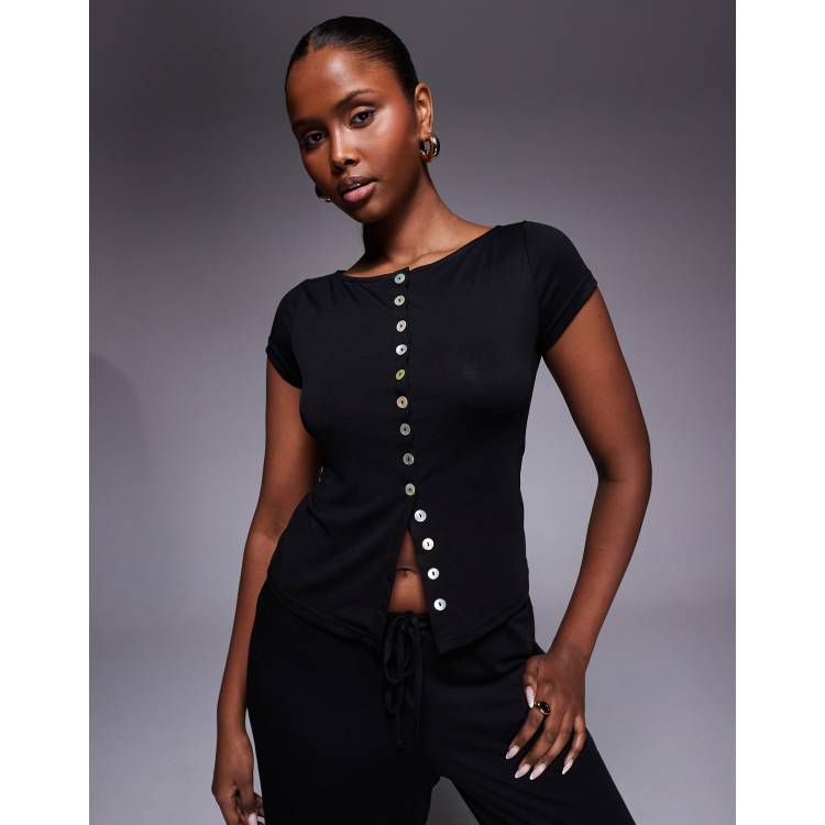 Princess Polly Angellina boat neck faux pearl button up short