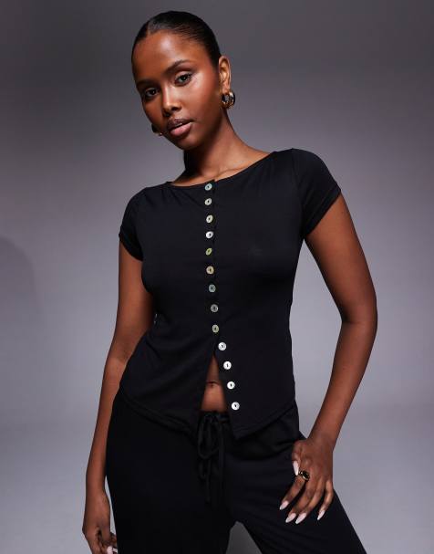 Princess Polly Angellina boat neck pearl button through short sleeve top co-ord in black - view 1