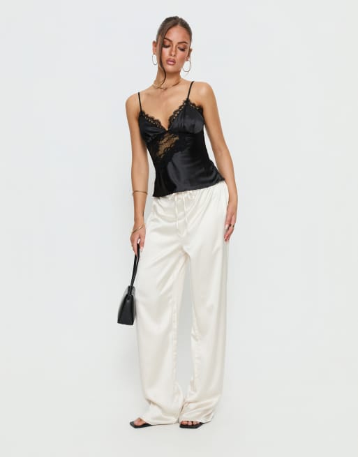 Princess Polly Annamari satin lace insert cami top in black, 3 of 4