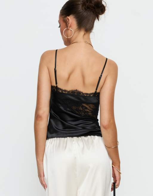 Princess Polly Annamari satin lace insert cami top in black, 4 of 4