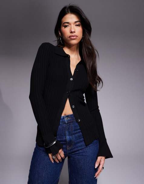 Princess Polly Anneke fine knit flare sleeve button up longline cardigan in black - view 1