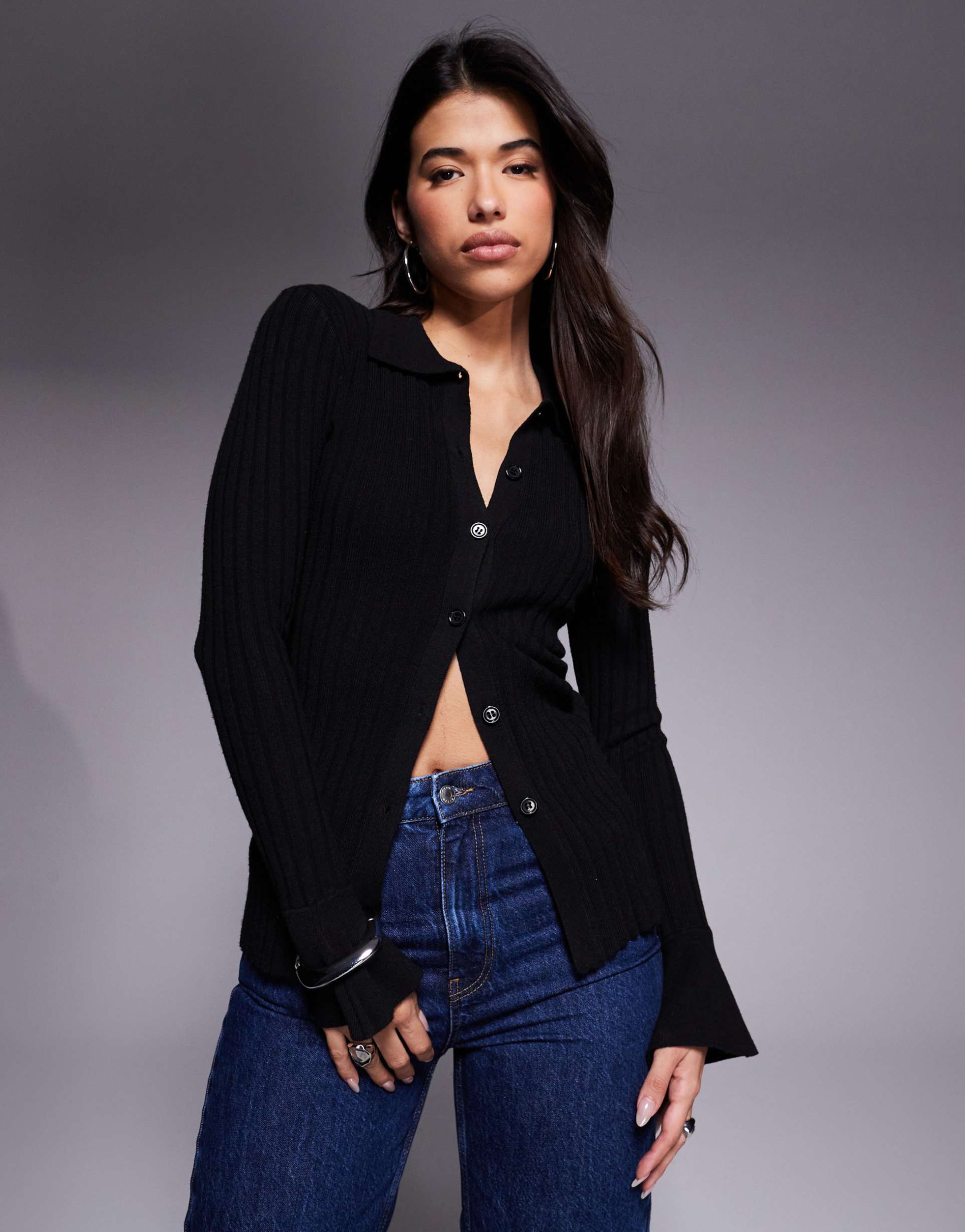 princess polly anneke fine knit flare sleeve button up longline cardigan in black