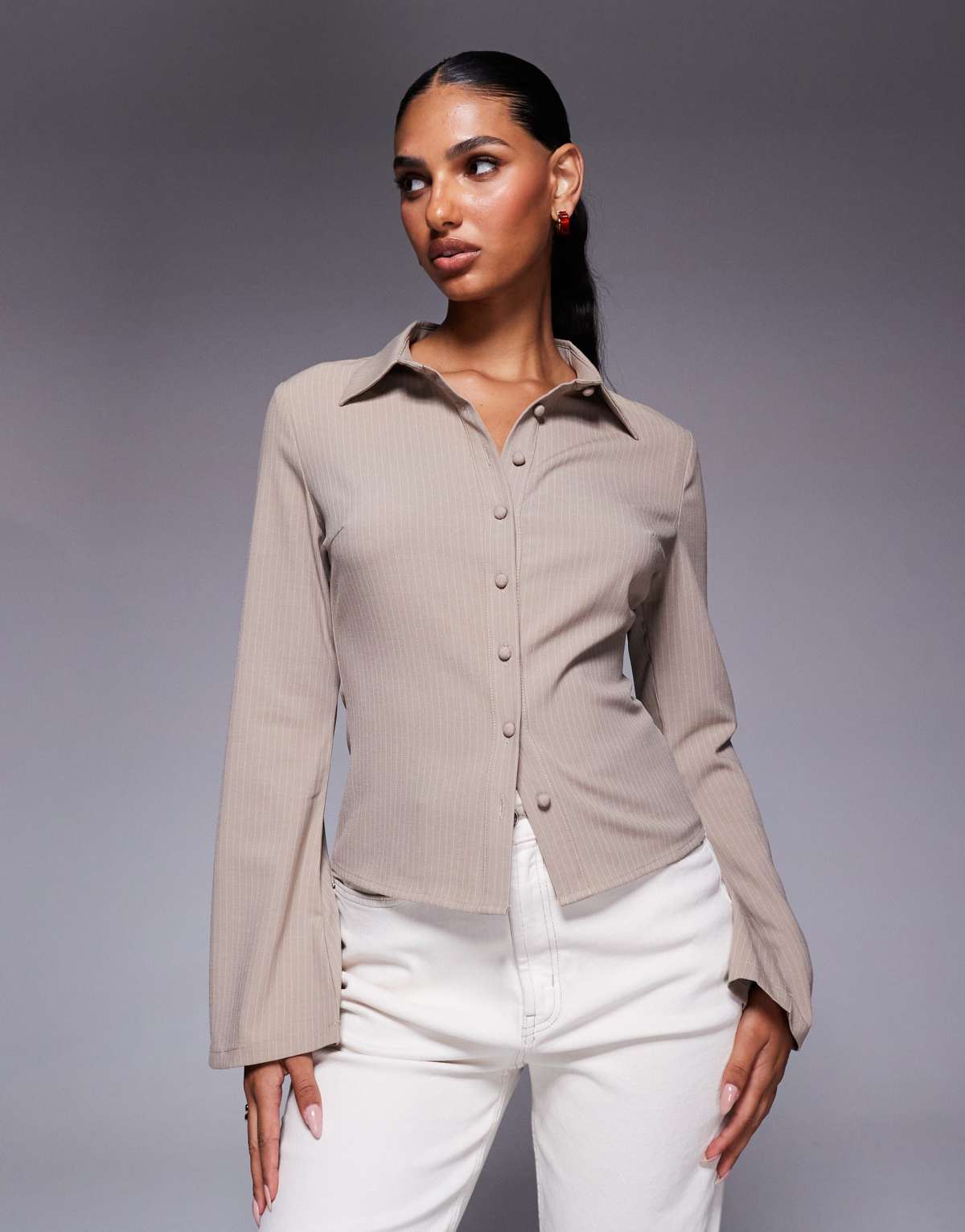 Princess Polly Anni collared flare sleeve fitted shirt in beige pinstripe