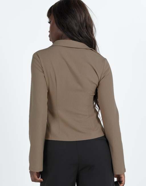Princess Polly Anni collared flare sleeve fitted shirt in beige pinstripe, 3 of 4