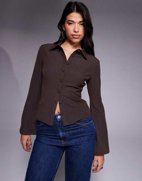 Princess Polly Anni fitted flare sleeve shirt in chocolate pinstripe - view 1