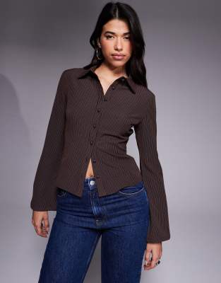 Princess Polly Anni Fitted Flare Sleeve Shirt In Brown