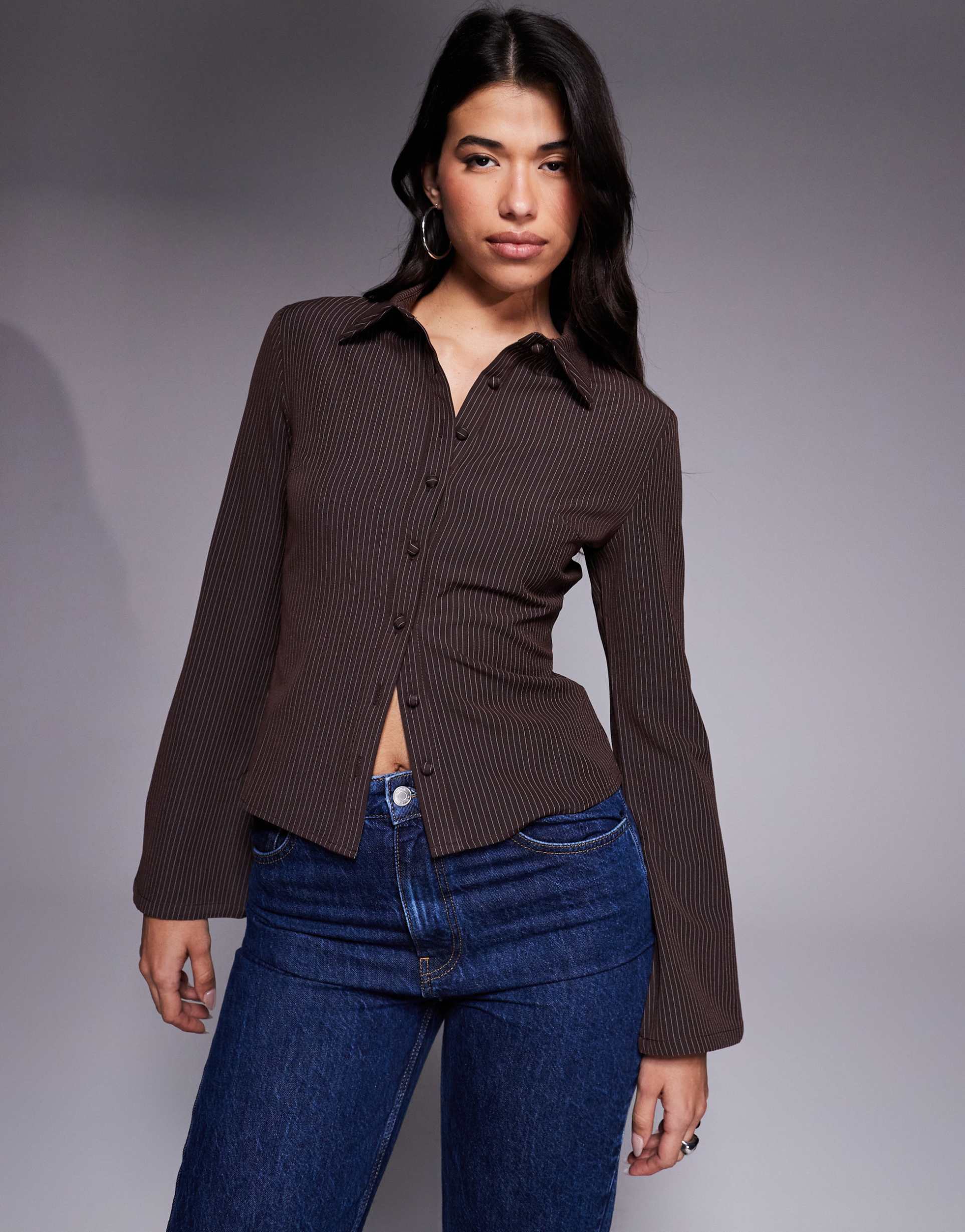 princess polly anni fitted flare sleeve shirt in chocolate pinstripes