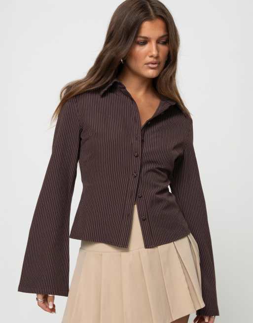 Princess Polly Anni fitted flare sleeve shirt in chocolate pinstripes, 2 of 4