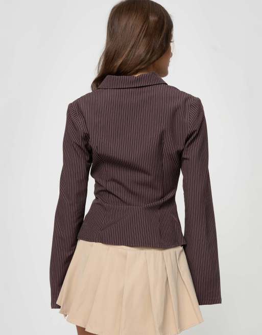 Princess Polly Anni fitted flare sleeve shirt in chocolate pinstripes, 4 of 4