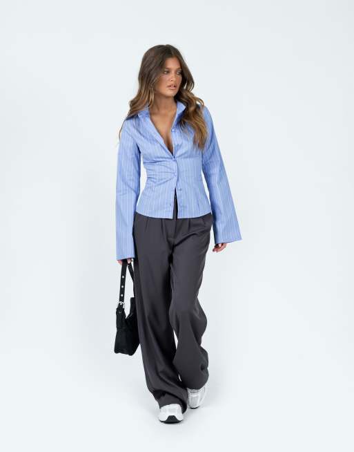 Princess Polly Anni flared sleeve button through fitted shirt in  light blue stripe, 2 of 4
