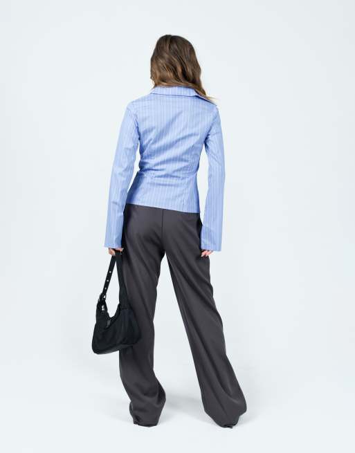 Princess Polly Anni flared sleeve button through fitted shirt in  light blue stripe, 3 of 4